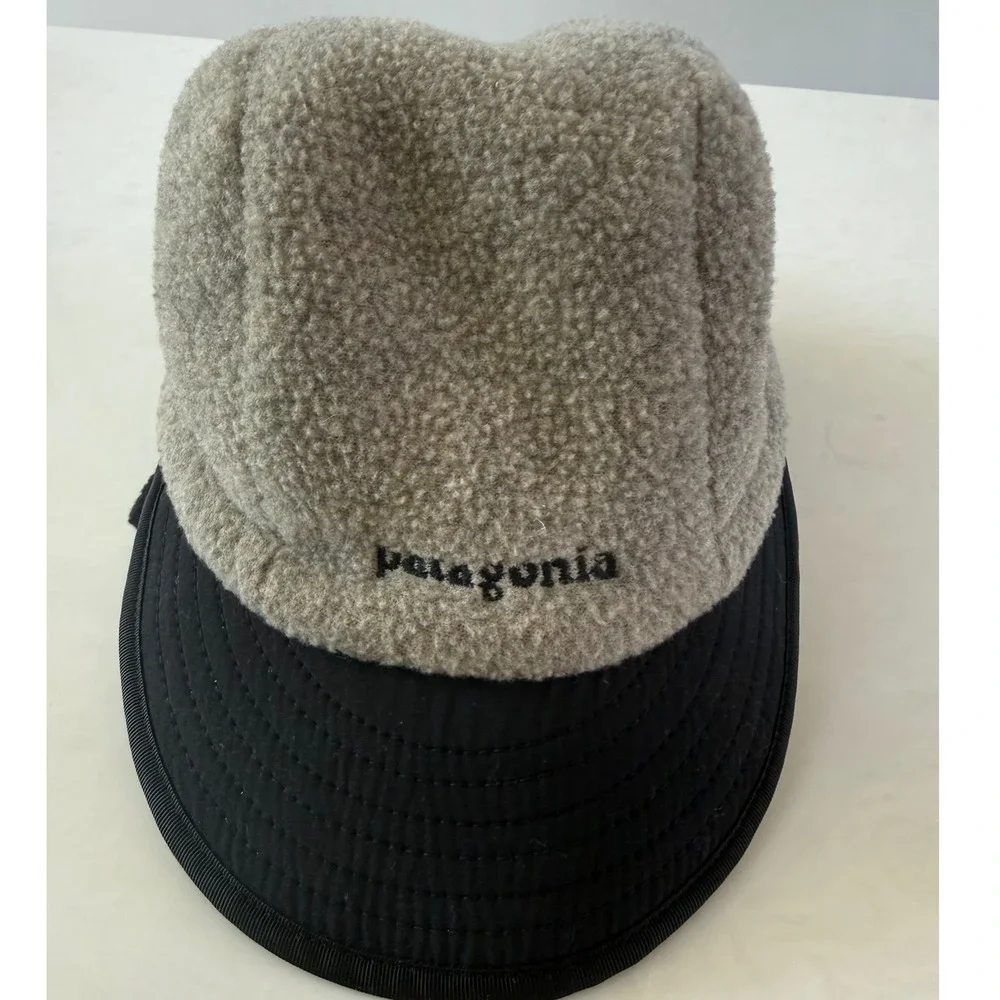 Vtg Patagonia Synchilla Duckbill Cap Size M Tan Black Neck Flap 5 Panel Hat Gorp